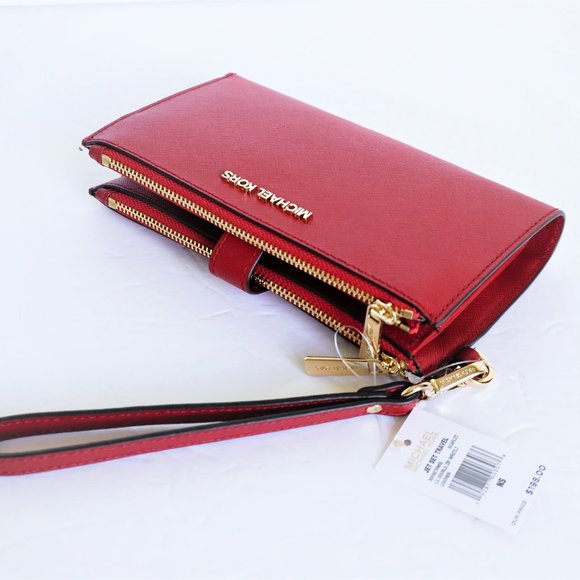 Michael Kors Jet Set Travel Large Double Zip Wristlet Red Flame - Picture 2 of 9
